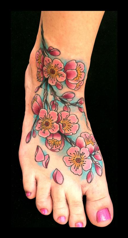 Brent Olson - cherry blossom color traditional tattoo Brent Olson Art Junkies Tattoo